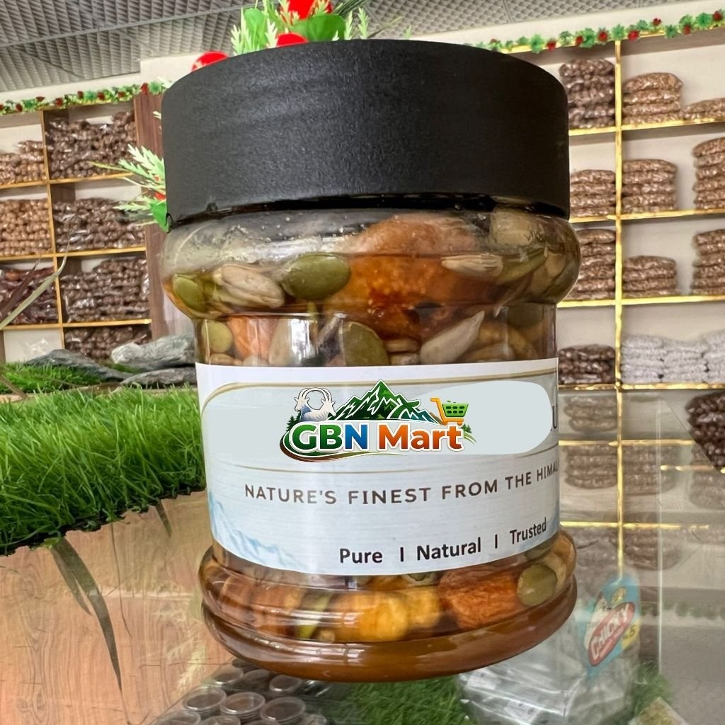 Premium Mixed Dry Fruits with Pure Honey – Gilgit-Baltistan Nuts & Honey Jar | Natural Energy Booster Variant